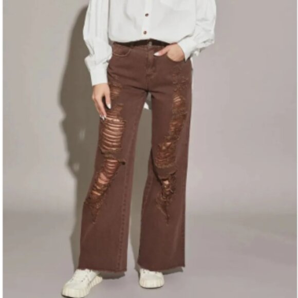 High Waisted Heavily Distressed Wide Leg Denim Jeans - Picture 1 of 4